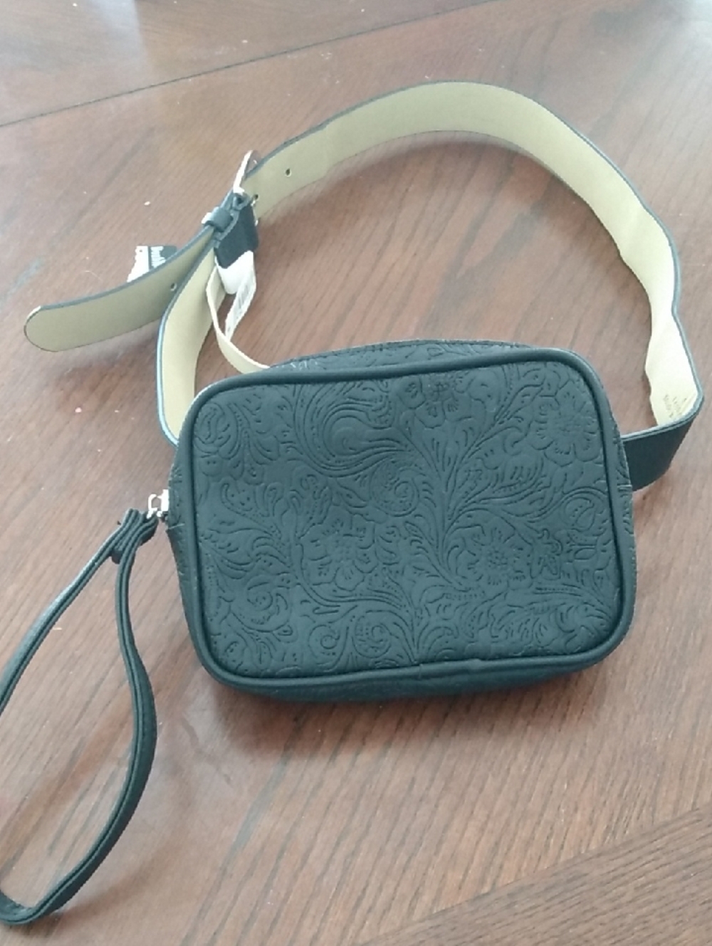 Black Embossed Leather Belt Bag with Adjustable Strap